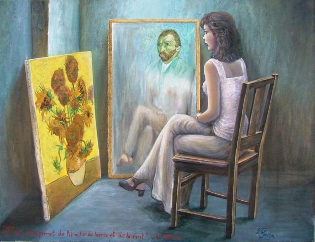 Van Gogh regarde ses tournesols à travers le regard d'une femme